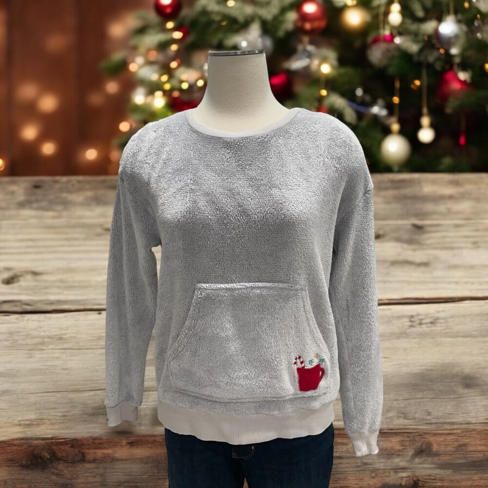 Cozy‎ Gray Pullover Fleece Sweatshirt Festive Hot Cocoa Design Warm Winter Cozy